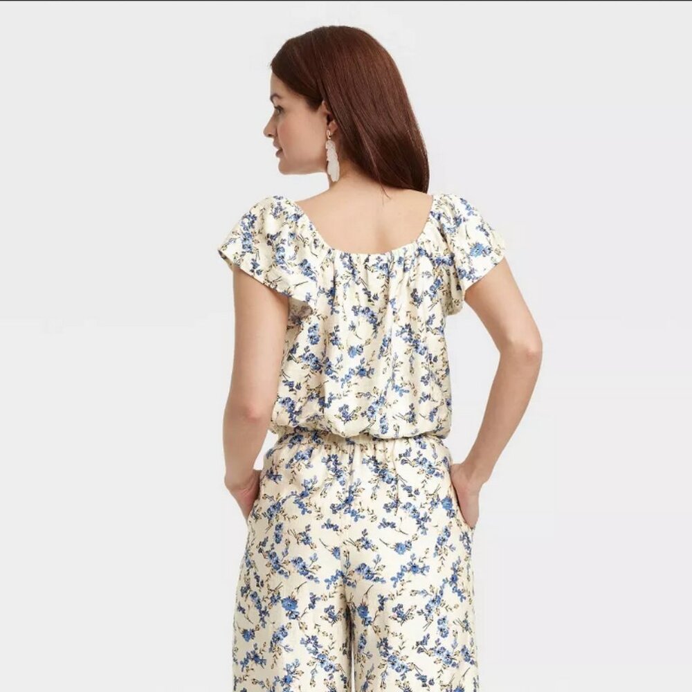 Women's Flutter Short Sleeve Blouse - A New Day™ Cream Floral M - Picture 7 of 7